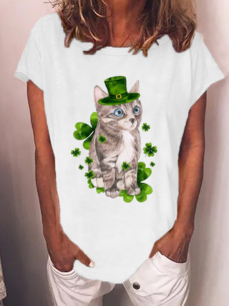 Women's Funny St. Patrick's Day Cat Casual Cotton T-Shirt