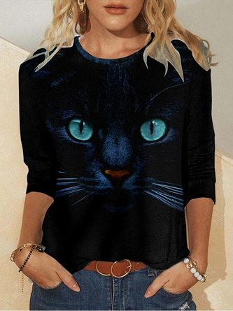Women's 3D Black Cat Art Print Crew Neck Cat Casual Regular Fit Shirt