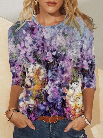 Women’s Plant Pattern Floral Crew Neck Casual Regular Fit Shirt