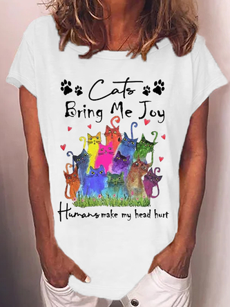 Women's Cats Bring Me Joy Humans Make My Head Hurt Casual Crew Neck T-Shirt