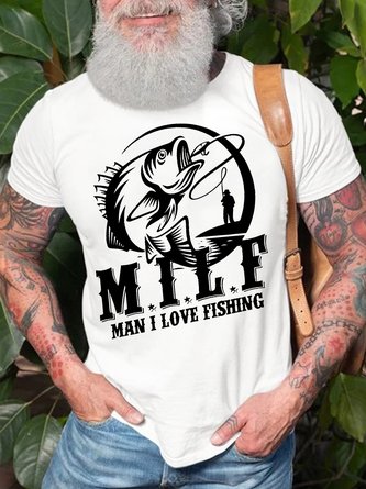 Men's Man I Love Fishing Funny M I L F Graphic Printing Text Letters Casual Cotton Loose T-Shirt