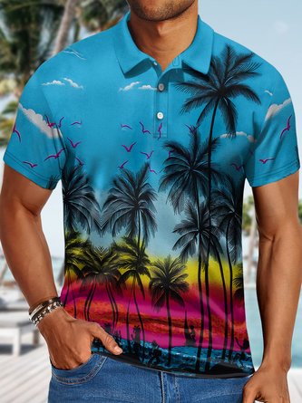 Men's Seaside Coconut Art Print Printing Striped Vacation Regular Fit Polo Shirt