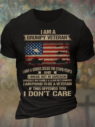 Men's I Am A Grumpy Veteran I Have A Serious Dislike For Stupid People And I Break Out In Sarcasm If This Offends You I Don't Care Funny America Flag Graphic Printing Cotton Casual Loose T-Shirt