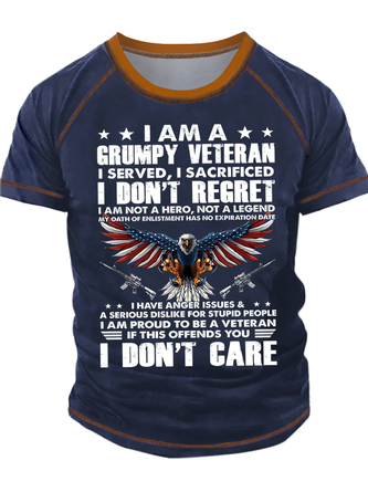 Men's I Am A Grumpy Veteran I Served I Sacrificed I Don't Regret I Am Not A Hero Not A Legend I Don't Care Funny Graphic Printing Casual Eagle Old Glory Regular Fit Crew Neck T-Shirt