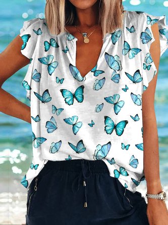Women's Butterfly Print V Neck Casual T-Shirt