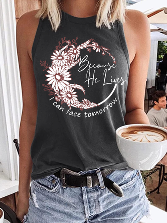 Women's Best Seller Because He Lives Letters Crew Neck Casual Tank Top