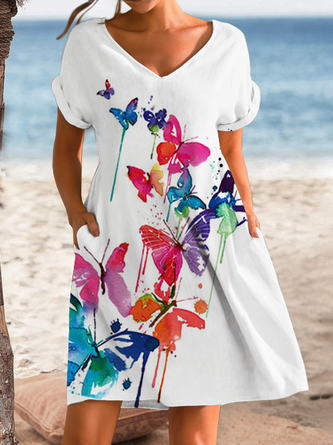 Women's Raglan Sleeves Butterfly Loose Casual Cotton-Blend Dress