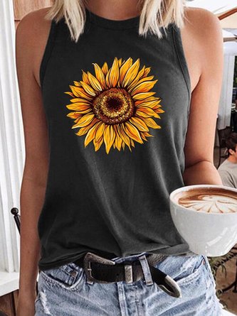 Womens Sunflower Flower Print Garden Casual Crew Neck Tank Top