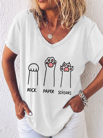 Women's Cute Cat Rock Paper Scissors Simple V Neck Loose T-Shirt