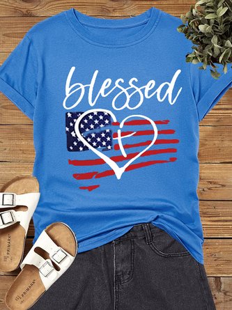 Women‘s Cotton American Flag Cute July 4th Independence Day Patriotic Casual Letters T-Shirt