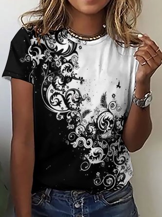 Women's Black White abstract Print Casual Crew Neck T-Shirt