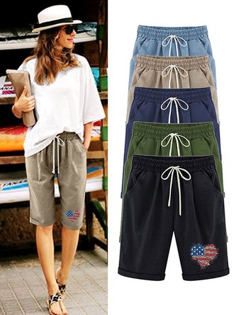 Women‘s Independence Day Knee Length Bermuda Shorts Plus Size Casual Summer Loose Fit Long Shorts Elastic Waist Shorts with Pockets