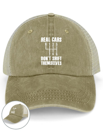 Men's Real Cars Don'T Shift Themselves Funny Graphic Printing Washed Mesh-back Baseball Cap