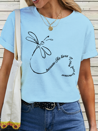 Women's Cotton Because He Lives Dragonfly Heart Heathered  T-Shirt