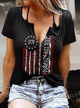 Women's Loose Cotton-Blend America Flag Casual T-Shirt