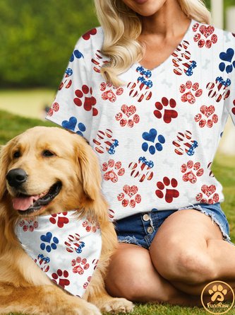 Women's Cute Dog America Flag Casual Loose Matching T-Shirt