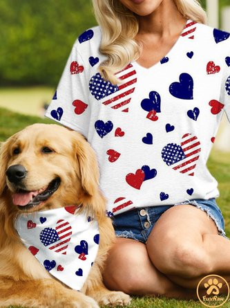Women's Cute Dog Lover America Flag Casual Loose Matching T-Shirt