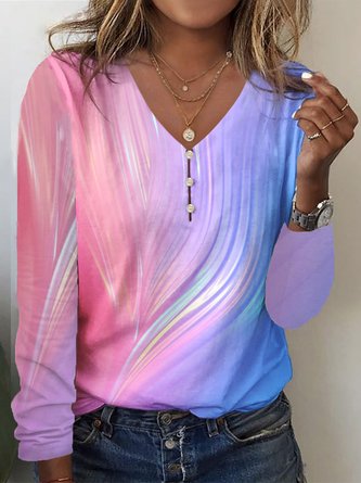 Abstract Casual Loose V Neck Buckle Long Sleeve T-Shirt