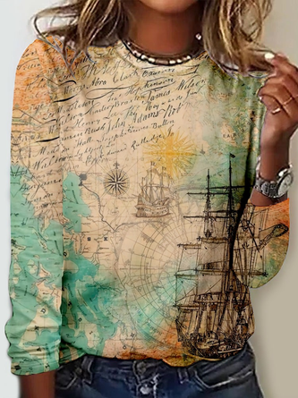 Women's Vintage Old Map Print Casual Shirt