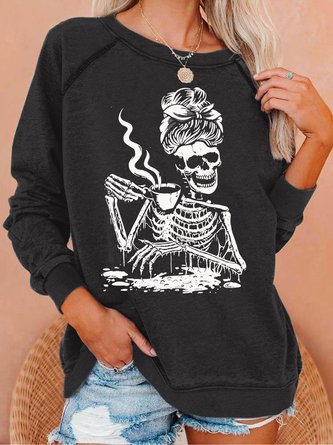 Women's Casual Coffee Drinking Skeleton Lazy Letters  Sweatshirt
