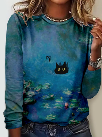 Women's Black Cat Art Print Casual Tree Shirt