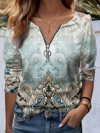 Ethnic Casual Loose V Neck T-Shirt