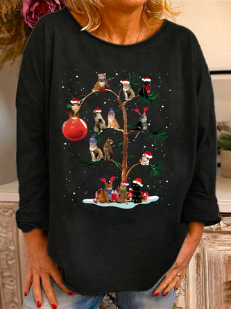 Women's Christmas Cat Cotton-Blend Casual Crew Neck Text Letters Sweatshirt