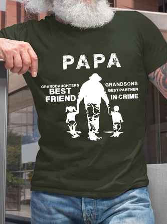 Men's Papa, Granddaughters Best Friend, Grandsons Best Partner In Crime Cotton Casual Crew Neck Text Letters T-Shirt