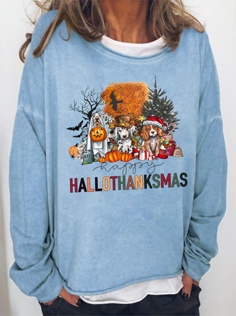 Happy Hallothanksmas Funny Dog Lover Holiday Crew Neck Casual Sweatshirt