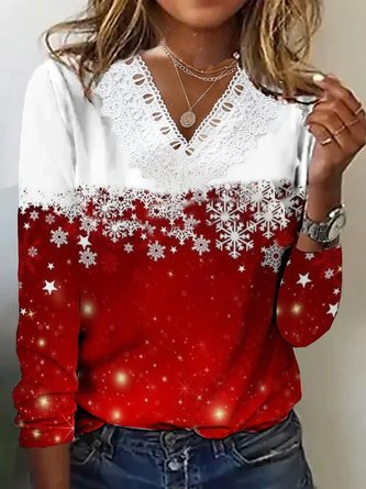V Neck Casual Lace T-Shirt