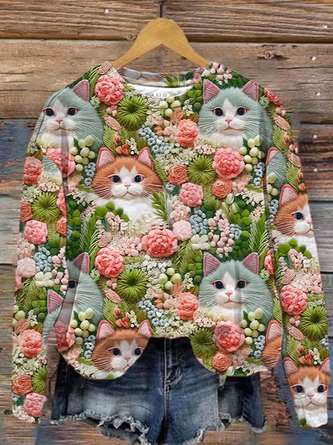 Cat Loose Crew Neck Casual Sweatshirt