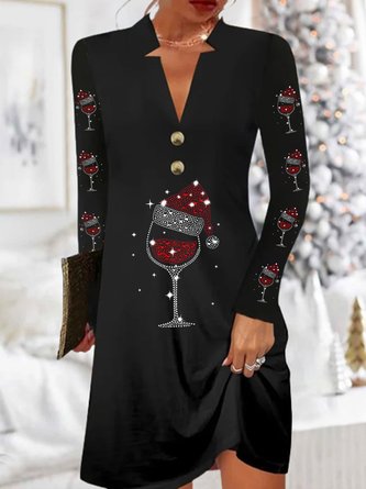 Christmas Wine Glass Long Sleeve Buckle Casual Dress