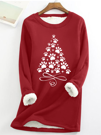Christmas Paw Tree Print Casual Fleece Sweatshirt