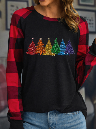 Christmas Tree Plaid Loose Casual T-Shirt