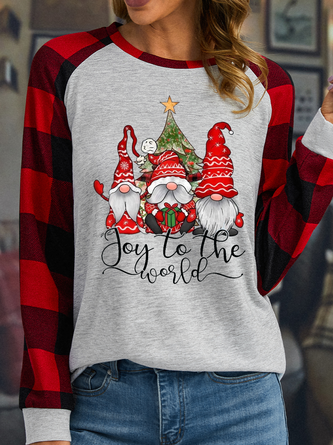 Casual Christmas Gnome Plaid Polyester Cotton Crew Neck T-Shirt