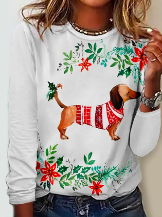 Women's Christmas Floral Dachshund Dog Graphic Print Regular Fit Crew Neck Long Sleeve Shirt