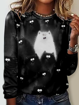 Casual Funny Cat Crew Neck Long Sleeve Shirt