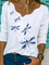 Dragonfly Printed Shirt V Neck Casual Long Sleeve White Top