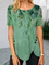 Floral Printed Vintage Short Sleeve Crew Neck Summer Green Shirt Top