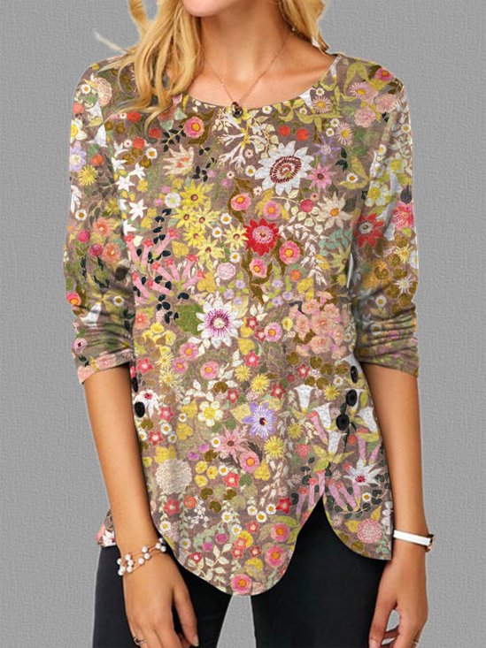 Floral Graphic Long Sleeve Round Neck Casual Top
