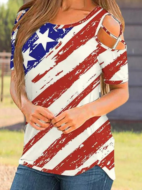 American Flag Star Striped Criss-Cross Cold Shoulder Blouse