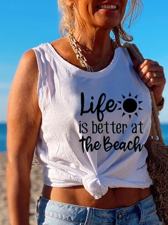 LIFE IS BETTER AT THE BEACH Sleeveless Cotton-Blend Tanks & Camis
