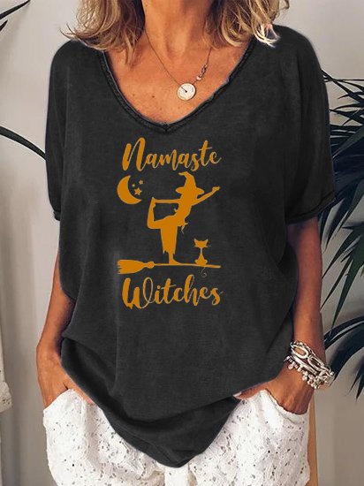 Casual and simple Halloween witch print V-neck short-sleeved polyester cotton T-shirt