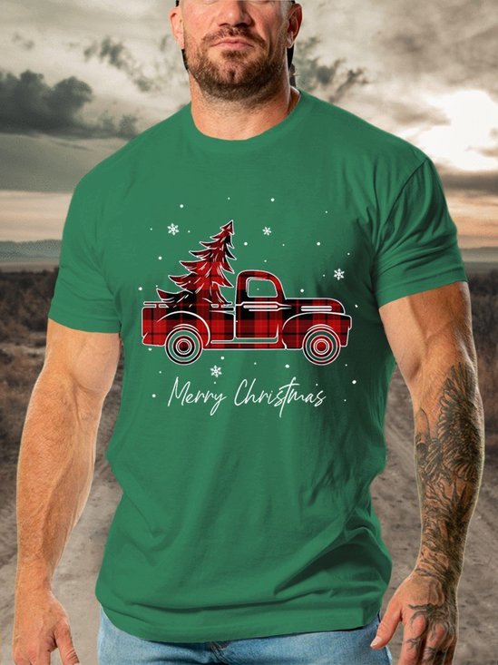 Men's Merry Christmas Buffalo Truck Tree Casual Cotton T-shirt