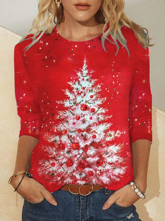 Women's White Christmas Tree On Red Casual Crew Neck Long Sleeve T-shirt