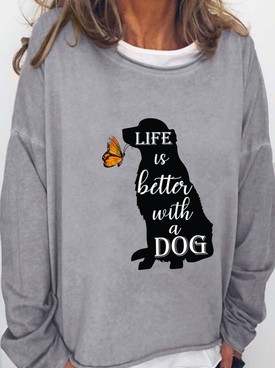 Dog and Butterfly Print Crew Neck Long Sleeve Sweatshirt