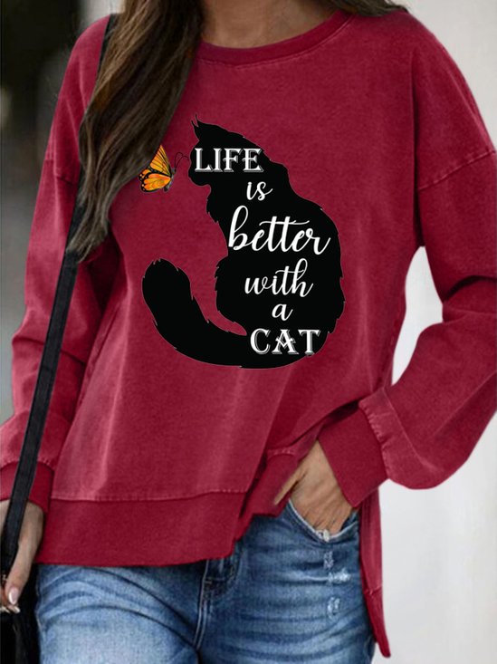 Life is better with a cat round neck long sleeve Sweatshirts