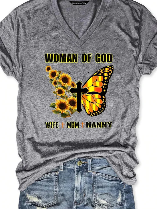 Woman Of God Wife&Mom&Nanny Sunflower Butterfly Shirts&Tops