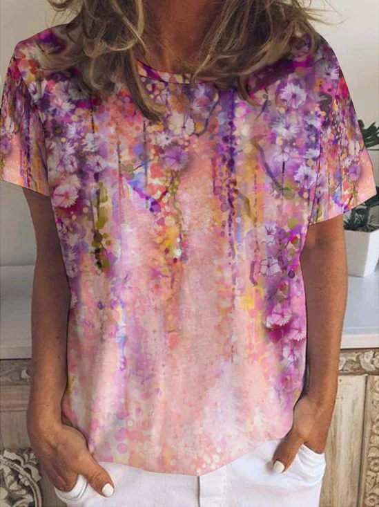 Floral Gradient Print Crew Neck Short Sleeve T-Shirt