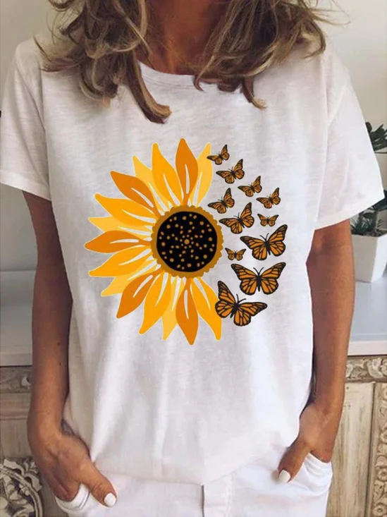 Floral & Butterfly Print Women's Short Sleeve T-Shirt